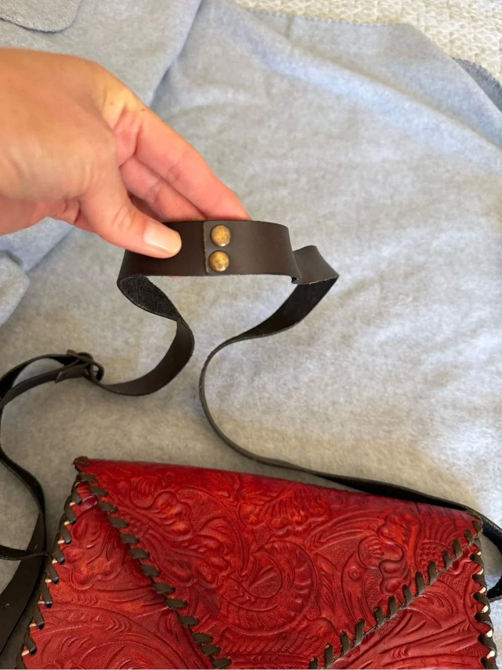 Red Tooled Leather Crossbody Bag with Braided Trim - Picture 5 of 6